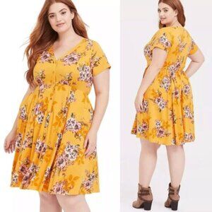 Torrid Yellow Floral Print Stretch Knit Empire Waist Flowy Dress